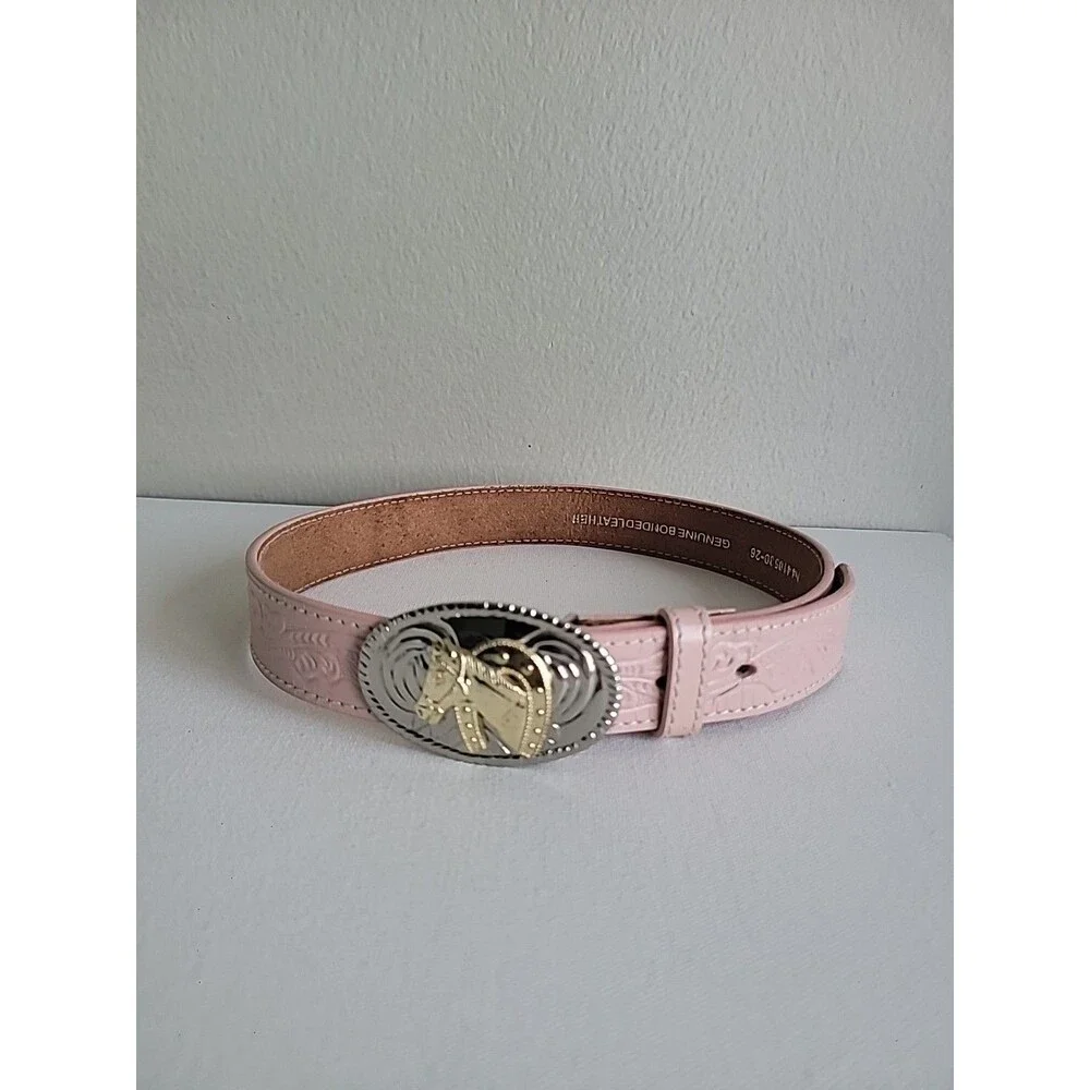 Pink Western-Style Leather Belt with Two-Tone Decorative Buckle